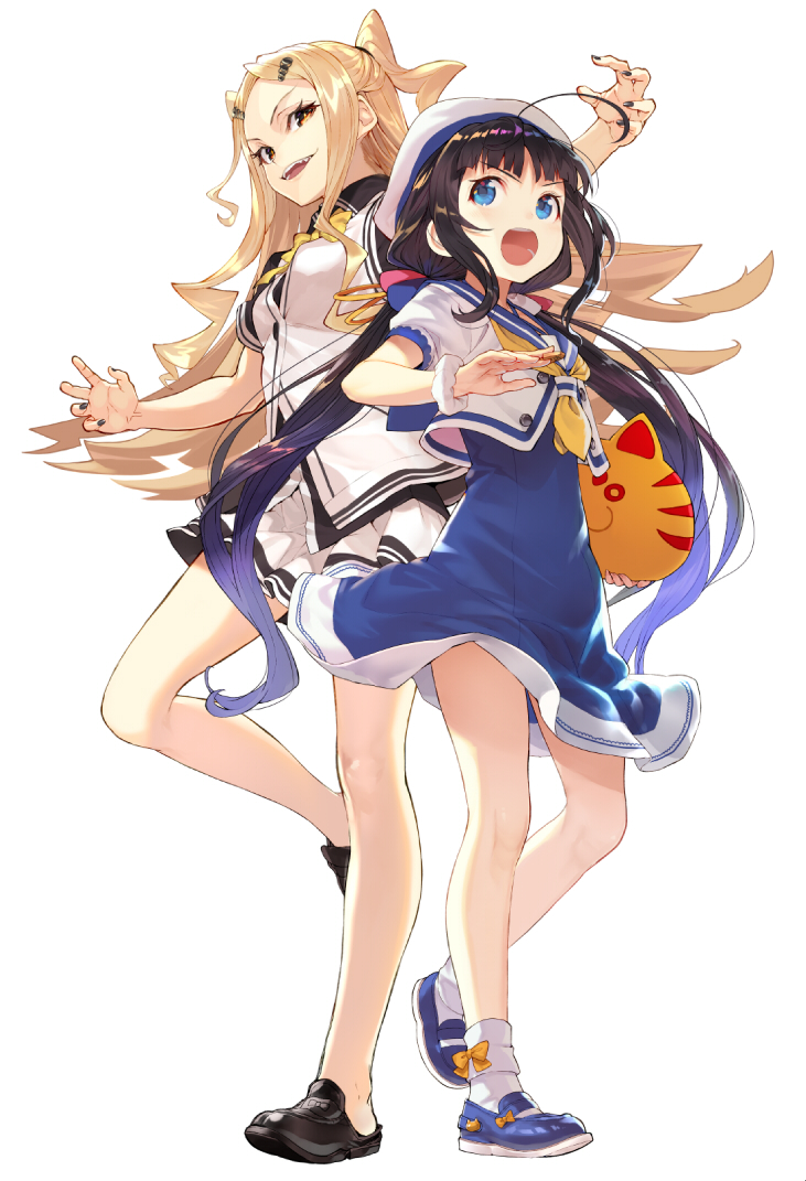 ahoge beret black_hair black_nails blonde_hair blue_dress blue_eyes bow dress drill_hair evil_smile fangs full_body hat hinatsuru_ai legs long_hair looking_at_another low_twintails multiple_girls nail_polish official_art open_mouth ryuuou_no_oshigoto! sailor_collar sainokami_ika shirabi sidelocks skirt skirt_set smile standing standing_on_one_leg twintails two_side_up very_long_hair white_background yellow_eyes