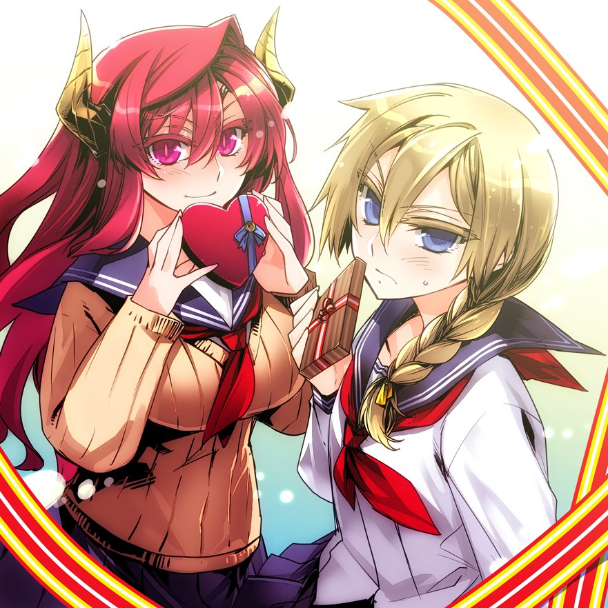 &gt;:( blonde_hair blue_eyes blush box braid breasts closed_mouth demon_girl demon_horns frown gift gift_box hair_between_eyes hair_over_shoulder hair_ribbon heart-shaped_box holding holding_gift horns ishida_akira large_breasts long_hair long_sleeves looking_at_viewer maou_(maoyuu) maoyuu_maou_yuusha multiple_girls neckerchief onna_kishi_(maoyuu) pink_eyes pleated_skirt red_hair ribbon school_uniform serafuku single_braid skirt smile sweater upper_body v-shaped_eyebrows valentine