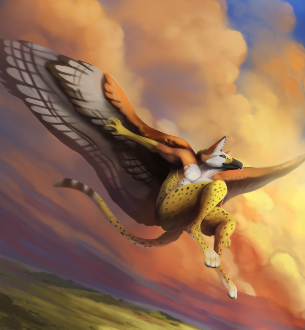 anthro ashesdrawn avian beak black_beak day digital_media_(artwork) fantasy feathered_wings feathers fynath gryphon outside sky solo wings