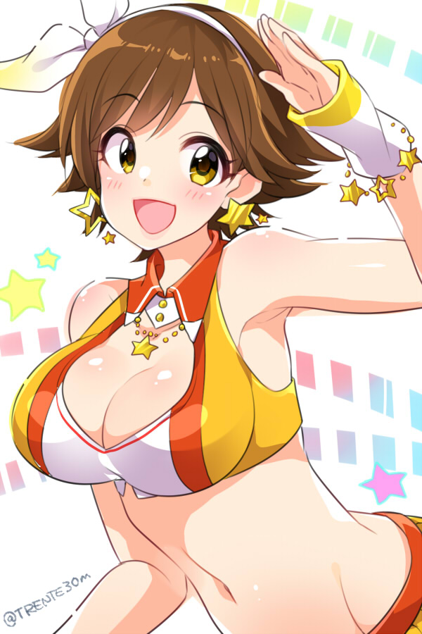 arm_up armpits breasts brown_hair cleavage earrings hairband honda_mio idolmaster idolmaster_cinderella_girls jewelry large_breasts midriff mio_(mgr300) navel open_mouth short_hair sleeveless smile solo star star_earrings sunset_nostalgie upper_body wrist_cuffs yellow_eyes