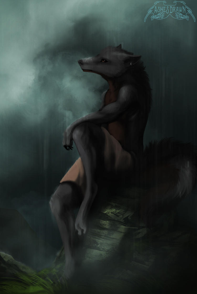 2018 anthro ashesdrawn barefoot canine day digital_media_(artwork) fantasy forest male mammal outside sitting solo tree wolf