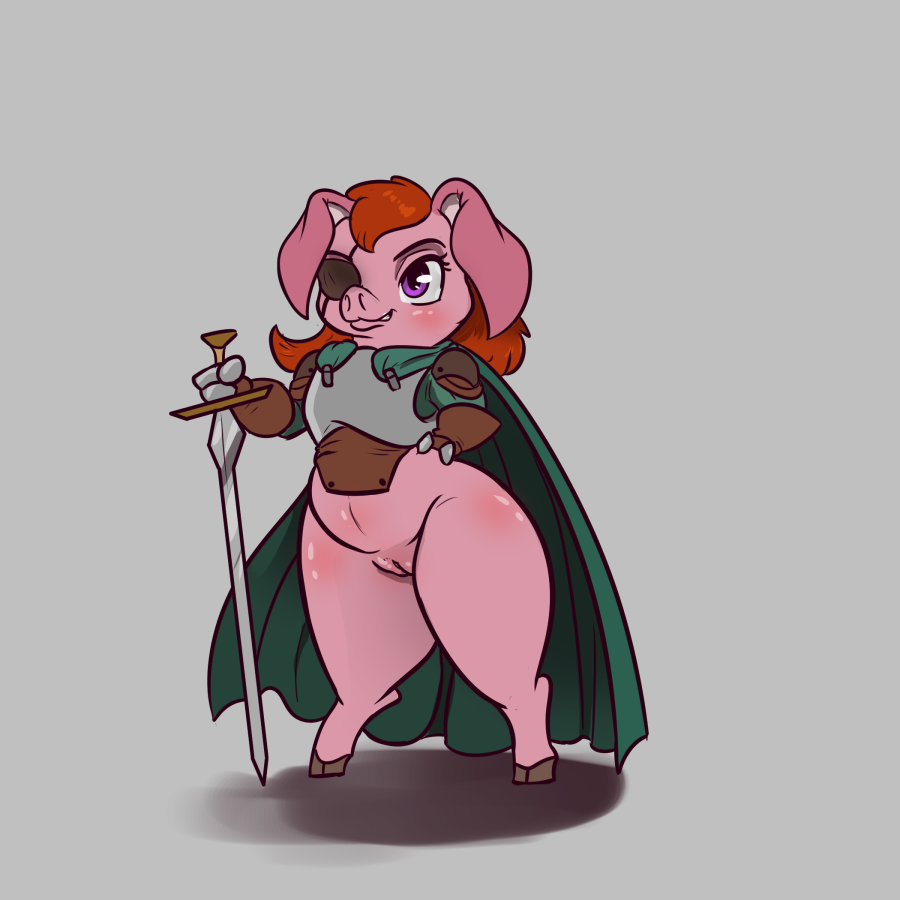 alorix armor bottomless clothed clothing eye_patch eyewear female hair knight lady_o'lexxi mammal melee_weapon missing_tail pig porcine pussy red_hair swine sword tailess weapon