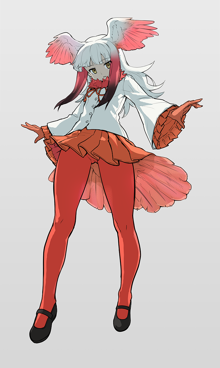 bangs buttons expressionless eyebrows_visible_through_hair frilled_sleeves frills full_body gloves half-closed_eyes head_wings highres japanese_crested_ibis_(kemono_friends) jitome kemono_friends legs long_hair long_sleeves looking_at_viewer multicolored_hair panties pantyhose pantyshot pantyshot_(standing) parted_lips pleated_skirt red_gloves red_legwear red_skirt shiba_itsuki shirt simple_background skirt solo standing tail thighs two-tone_hair underwear white_background white_hair white_shirt wide_sleeves wings yellow_eyes