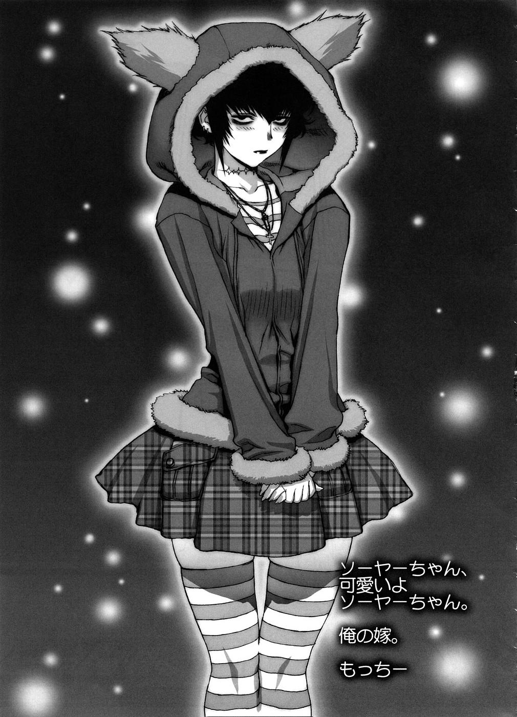 animal_hood bags_under_eyes black_lagoon blush check_translation cross cross_necklace flat_chest greyscale half-closed_eyes highres hood jewelry looking_at_viewer monochrome motchie necklace plaid plaid_skirt pleated_skirt sawyer_the_cleaner scan scar short_hair sidelocks skirt solo striped striped_legwear thighhighs translation_request zettai_ryouiki