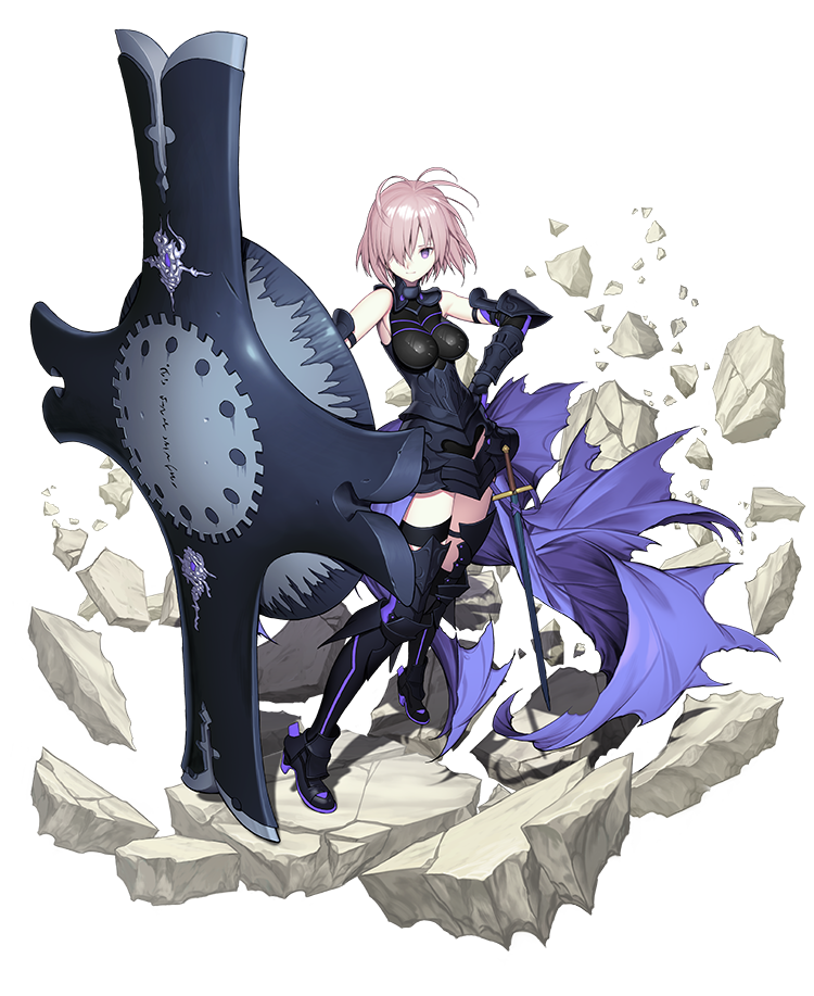 armor armored_dress bare_shoulders boots cape elbow_gloves elbow_pads fate/grand_order fate_(series) floating floating_object full_body gauntlets gloves hair_over_one_eye high_heel_boots high_heels holding_shield leg_armor mandrill mash_kyrielight purple_armor purple_cape purple_eyes purple_gloves purple_hair purple_legwear shield short_hair skirt solo sword thighhighs transparent_background waist_cape weapon