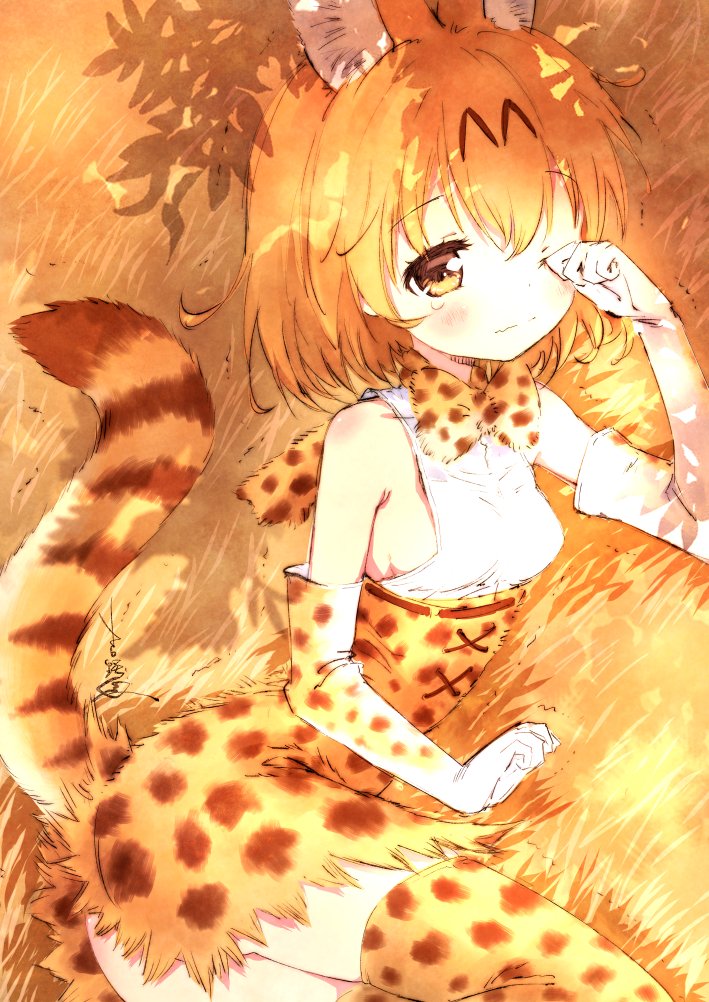 adapted_costume animal_ears ass bare_shoulders blush bow bowtie breasts clenched_hands cross-laced_clothes dappled_sunlight duplicate elbow_gloves eyebrows_visible_through_hair eyelashes from_side gloves jpeg_artifacts kemono_friends leaf light_brown_eyes looking_at_viewer medium_breasts narrow_waist one_eye_closed orange_(color) orange_hair outdoors rubbing_eyes serval_(kemono_friends) serval_ears serval_print serval_tail shadow shirt sideboob signature sleepy solo sunlight tail tears thighhighs tree_shade trembling waking_up wavy_mouth white_shirt yoshinogai
