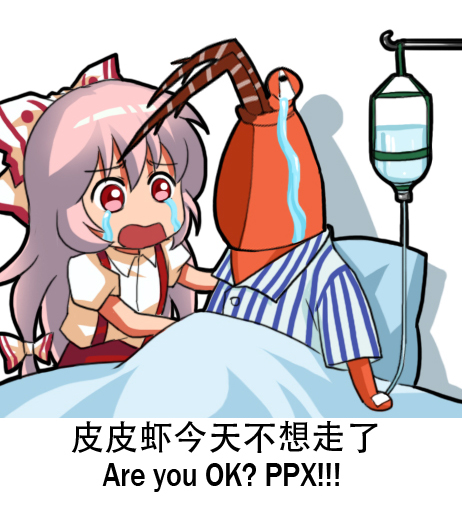 bow chibi chinese commentary_request crying crying_with_eyes_open dress_shirt eyebrows_visible_through_hair fujiwara_no_mokou hair_bow intravenous_drip long_hair mantis_shrimp meme multi-tied_hair pants pink_hair red_eyes shangguan_feiying shirt streaming_tears suspenders tears touhou translated very_long_hair