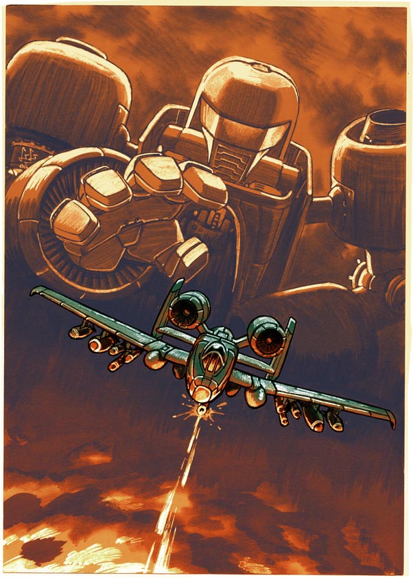 a-10_thunderbolt_ii a-loft-on-cybertron aiming_at_viewer aircraft airplane bad_boy_(gobots) bomb cloud dated dual_persona dusk fighter_jet firing flying gatling_gun gobots jet looking_at_viewer machine_robo mecha military military_vehicle realistic robot scan science_fiction signature traditional_media