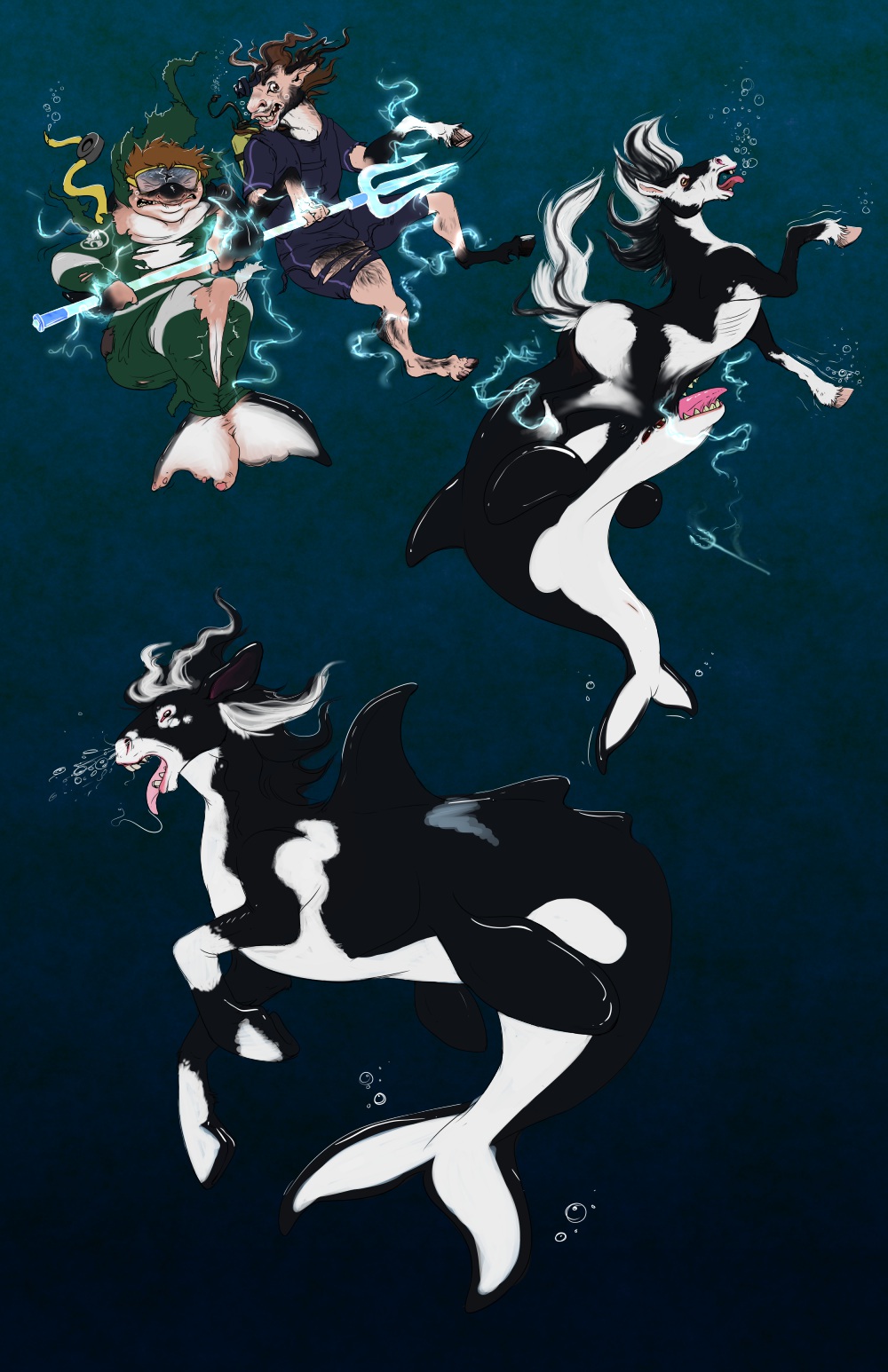 amethystlongcat cetacean clothed clothing conjoined equine hippocampus horse human male mammal marine melee_weapon merging open_mouth orca polearm simple_background swimsuit tongue transformation trident weapon wetsuit whale