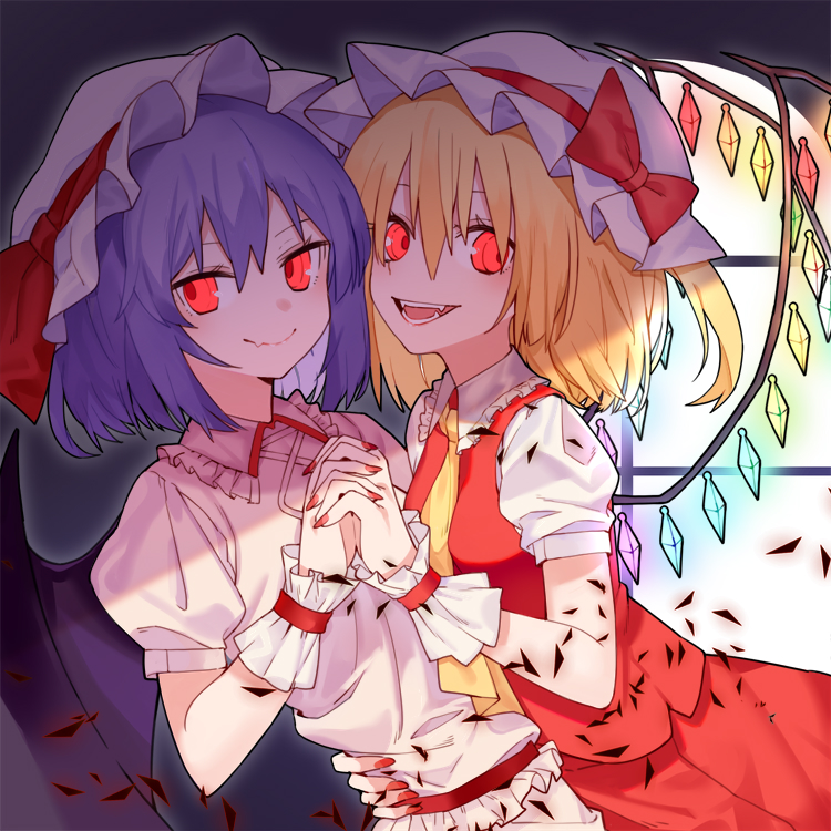 2girls arm_around_waist bat_wings black_wings blonde_hair blue_hair bow closed_mouth crystal fang_out fangs fingernails flandre_scarlet hair_between_eyes hand_holding hat hat_bow hat_ribbon interlocked_fingers long_hair looking_at_viewer mob_cap multiple_girls nail_polish necktie open_mouth pink_skirt puffy_short_sleeves puffy_sleeves purple_shirt red_bow red_eyes red_nails red_ribbon red_skirt red_vest remilia_scarlet ribbon ryuuno6 shirt short_sleeves siblings sisters skirt skirt_set smile touhou vest white_hat window wings wrist_cuffs yellow_neckwear