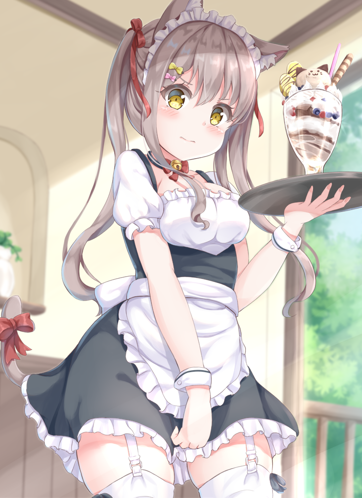 1girl animal_ear_fluff animal_ears apron black_dress blueberry blush bow breasts brown_eyes brown_hair cat_ears cat_girl cat_tail closet commentary_request covering covering_crotch day dress food frilled_apron frilled_dress frills fruit garter_straps hair_bow holding holding_tray ice_cream indoors keiran_(ryo170) long_hair looking_at_viewer maid maid_headdress medium_breasts original parfait puffy_short_sleeves puffy_sleeves red_bow short_sleeves sleeveless sleeveless_dress solo sunlight tail tail_bow tail_raised thighhighs tray twintails very_long_hair wafer_stick waist_apron white_apron white_legwear wrist_cuffs
