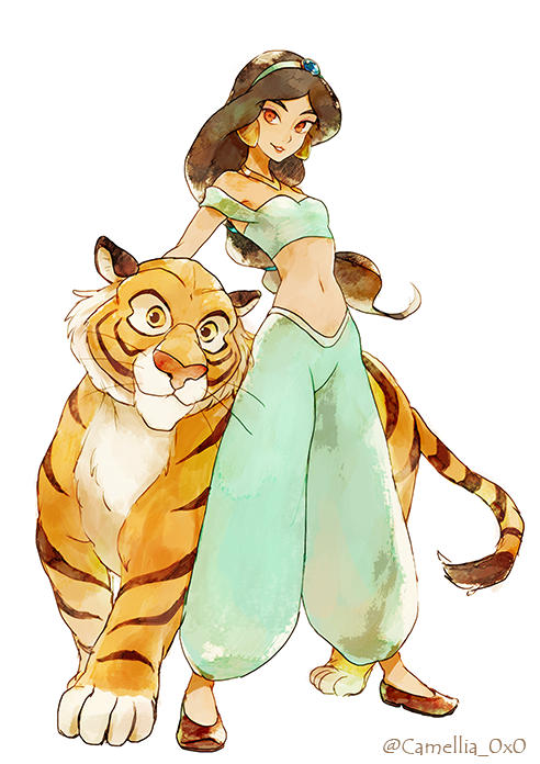 akagi_shun aladdin_(disney) arabian_clothes black_hair brown_eyes dark_skin disney earrings harem_pants jasmine_(disney) jewelry long_hair low-tied_long_hair midriff navel pants rajah_(disney) smile tiger