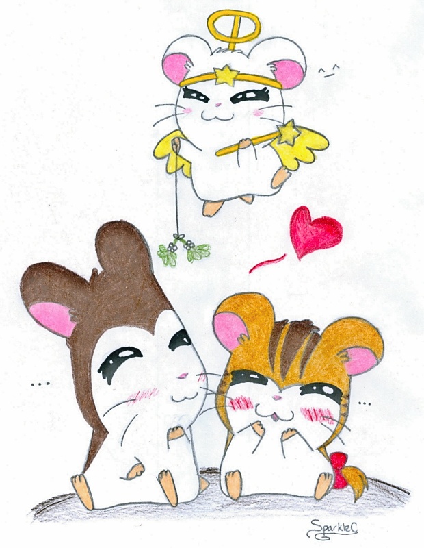 &lt;3 angel blush brown_fur cute eyes_closed female fur halo hamster hamtaro_(series) harmony_(hamtaro) male mammal maxwell mistletoe orange_fur plant ribbons rodent romantic_couple sandy simple_background sparklec string striped_fur stripes traditional_media_(artwork) wand white_background white_fur wings