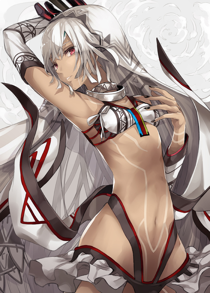 altera_(fate) arm_above_head arm_up armpits bangs bare_shoulders black_nails breasts choker commentary_request cowboy_shot dark_skin detached_sleeves fate/extella fate/extra fate/grand_order fate_(series) hips looking_at_viewer midriff nail_polish navel photon_ray pokimari red_eyes revealing_clothes short_hair small_breasts solo sword tattoo veil weapon white_hair