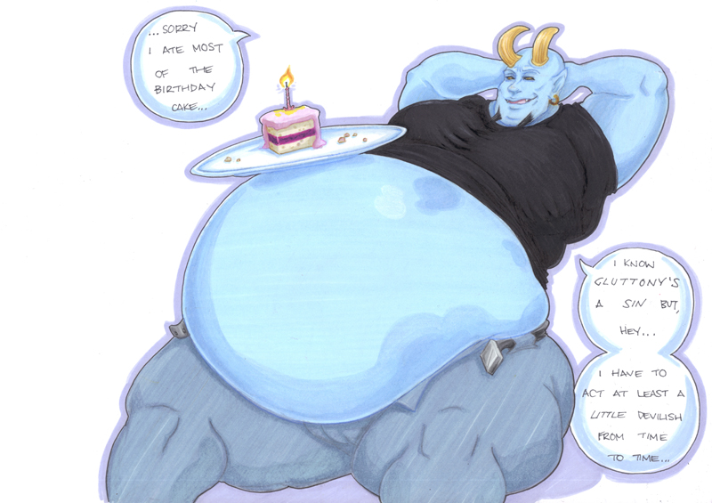 2017 armpits belly belt blue_devil blue_skin cake candle clothing dc_comics demon dialogue ear_piercing english_text eyebrows fangs food horn humanoid male mammal naughty_face open_mouth overweight overweight_male pants piercing prisonsuit-rabbitman raised_arm shirt simple_background sitting t-shirt text traditional_media_(artwork) weight_gain white_background