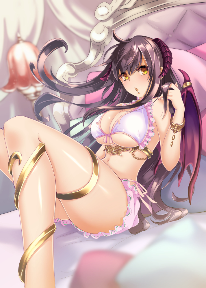 bad_id bad_pixiv_id bangle black_hair bloomers blurry bra bracelet breasts cleavage commentary_request demon_girl demon_horns demon_wings depth_of_field horns jewelry large_breasts legs lirshana long_hair long_legs maou_no_hajimekata official_art shintou solo succubus thighs underwear underwear_only wings