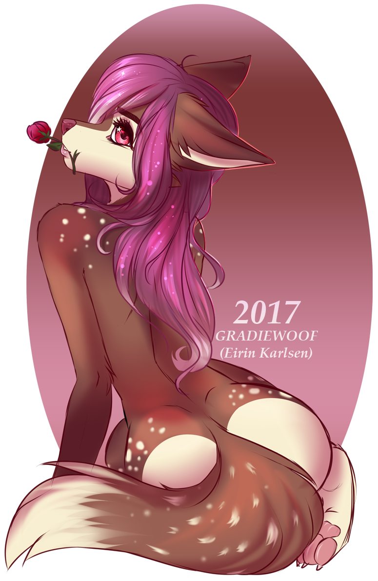 2017 anthro bare_back brown_fur canine eyelashes female flower fur gradiewoof hair mammal pink_eyes plant purple_hair purple_nose rose solo wide_hips