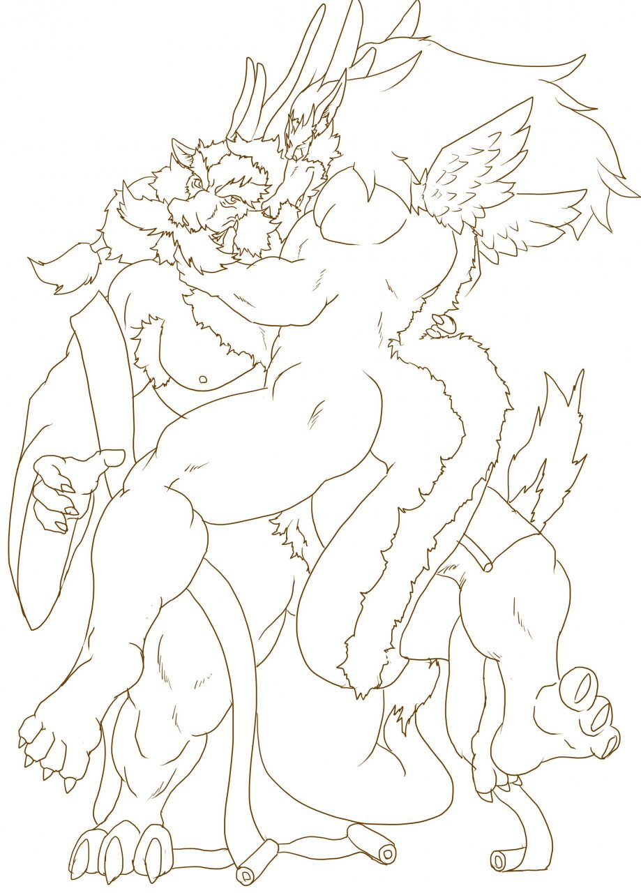 3_toes 4_fingers 4_toes anthro armpit_hair dragon duo eastern_dragon facial_hair feathered_wings feathers finger_on_mouth hair horn kemono long_hair male male/male muscular mustache nipples nude scalie small_wings tail_coiling toes wings yabuinu