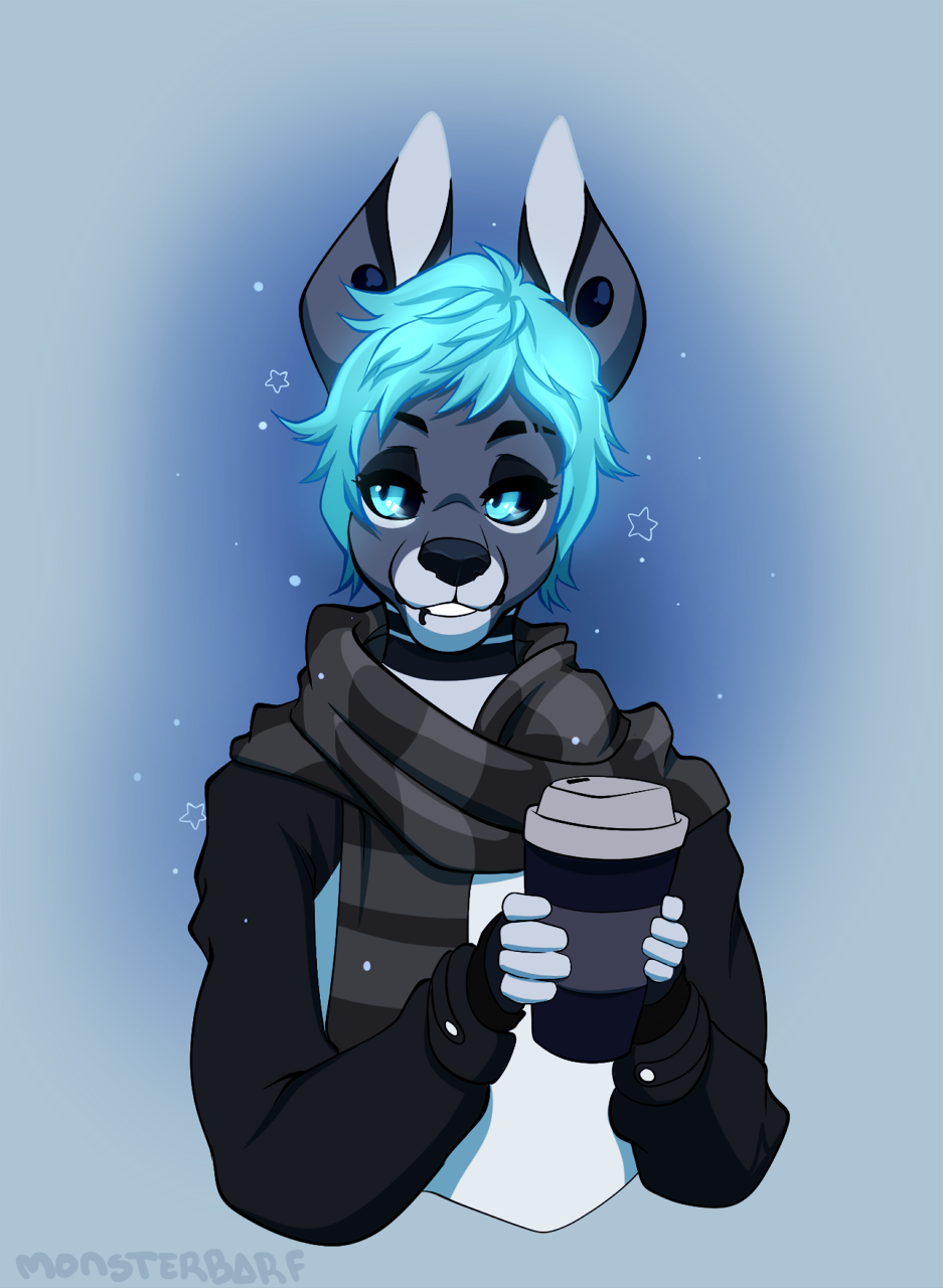 anthro beverage clothed clothing coffee facial_piercing kangaroo lip_piercing male mammal marsupial piercing puccaruu scarf simple_background smile solo