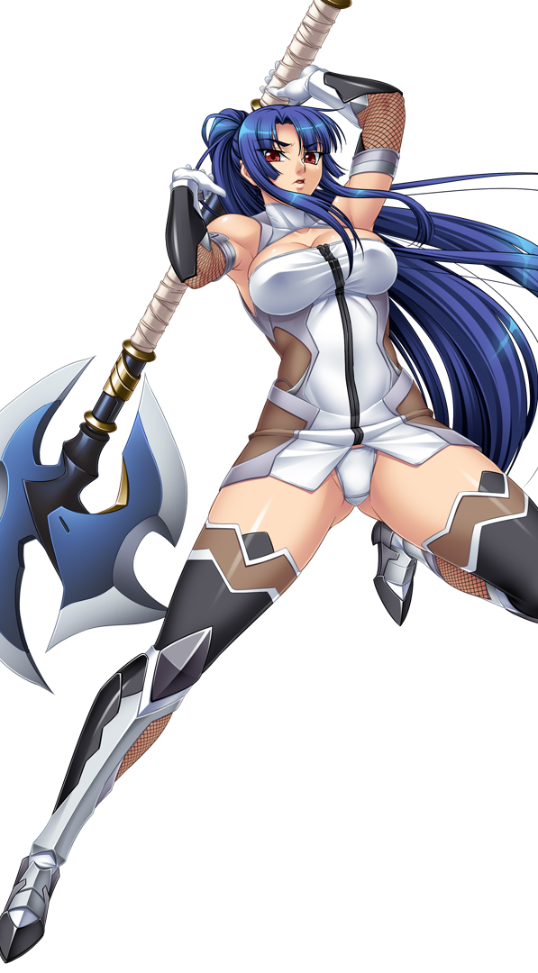 00s 1girl axe bare_shoulders battle_axe blue_hair bodysuit boots breasts curvy dress elbow_gloves female full_body gloves highres holding holding_weapon jumping kagami_hirotaka large_breasts long_hair looking_at_viewer no_bra panties ponytail red_eyes serious shiny_skin short_dress simple_background solo source_request taimanin_(series) taimanin_asagi taimanin_murasaki thighhighs thong underwear weapon white_background white_panties yatsu_murasaki