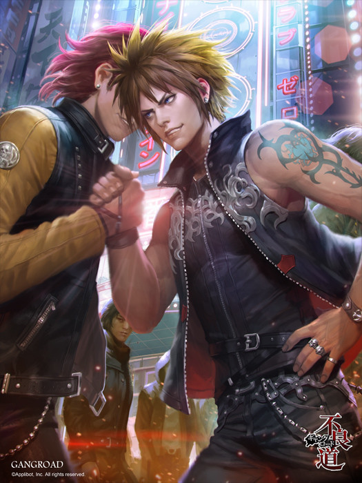 arm_tattoo backlighting bad_id bad_pixiv_id bare_shoulders belt belt_buckle black_pants black_scarf black_vest blonde_hair blue_eyes bracelet brown_hair buckle building character_request city clenched_teeth copyright_name cowboy_shot earrings emblem fingernails gangroad hand_on_hip hood hooded_jacket jacket jewelry kilart lens_flare long_sleeves male_focus multiple_boys open_clothes open_vest outdoors pants parted_lips pink_hair ring scarf spiked_hair standing stud_earrings tattoo teeth unbuckled_belt unzipped vest zipper