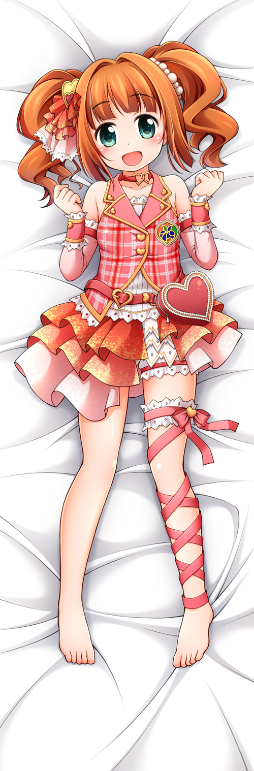 10s 1girl aqua_eyes arm_strap bandai_namco bangs bare_shoulders barefoot bed_sheet belt blunt_bangs blush child choker collarbone detached_sleeves feet female full_body hair_ornament happy heart idolmaster idolmaster_cinderella_girls lying manami_tatsuya on_back open_mouth orange_hair plaid plaid_shirt pleated_skirt red_ribbon ribbon shirt skirt solo takatsuki_yayoi thigh_gap thigh_strap toes twintails underwear