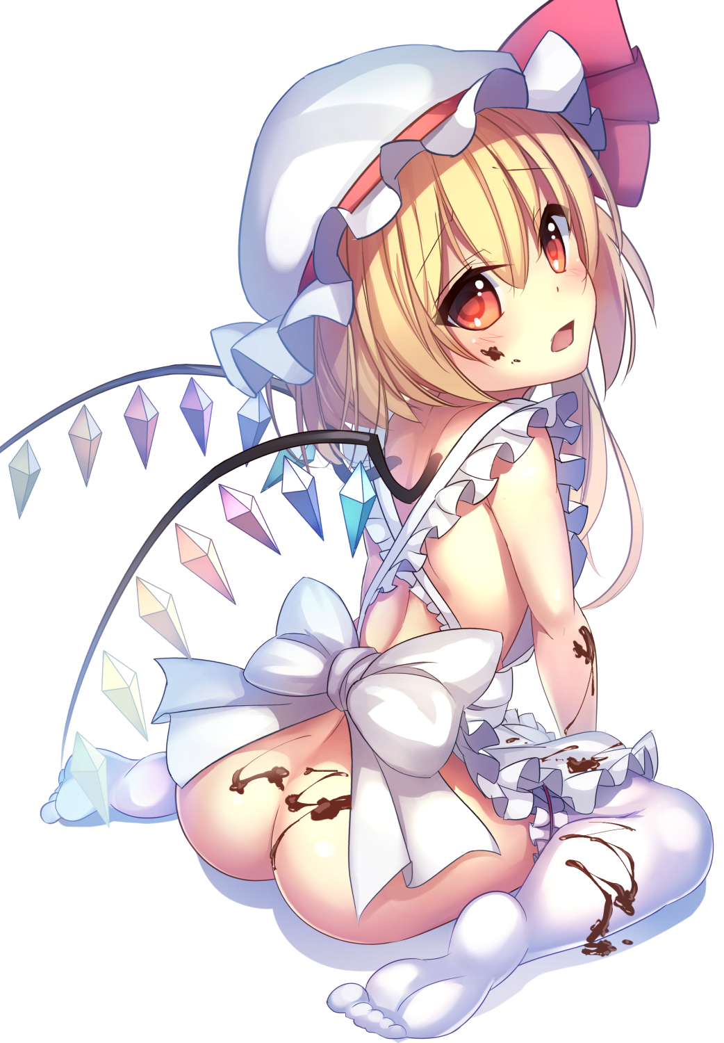 apron ass blonde_hair flandre_scarlet full_body hat hat_ribbon highres janne_cherry md5_mismatch mob_cap naked_apron red_eyes red_ribbon ribbon simple_background solo thighhighs touhou valentine white_background white_legwear wings