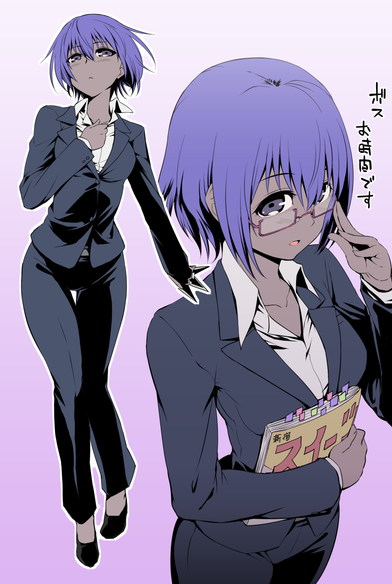 blush breasts business_suit collarbone dark_skin dress_shirt fate/prototype fate/prototype:_fragments_of_blue_and_silver fate_(series) formal glasses gradient gradient_background hassan_of_serenity_(fate) highres hips looking_at_viewer md5_mismatch medium_breasts multiple_views navel ono_misao open_mouth pant_suit purple_background purple_eyes purple_hair shirt short_hair smile suit thigh_gap translation_request