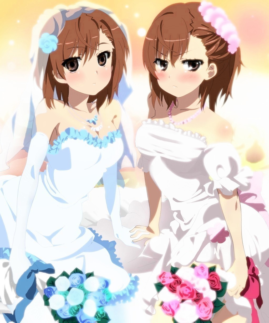 alternate_costume angry arm_support bangs blue_dress blue_gloves blue_wedding_dress blush bouquet breasts bridal_veil brown_eyes brown_hair cleavage closed_mouth dress elbow_gloves empty_eyes flower frown gloves hair_flower hair_ornament highres holding jewelry medium_breasts misaka_imouto misaka_mikoto momoiro_tanuki multiple_girls necklace rose siblings side-by-side sisters sitting strapless strapless_dress to_aru_kagaku_no_railgun to_aru_majutsu_no_index veil wedding_dress white_dress