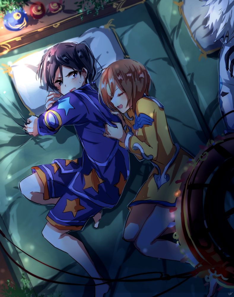 1girl 2boys barefoot black_hair blue_eyes blush breasts brown_hair dress eyes_closed jay multiple_boys norma_beatty open_mouth senel_coolidge short_hair shorts side_ponytail sleeping tales_of_(series) tales_of_legendia white_hair