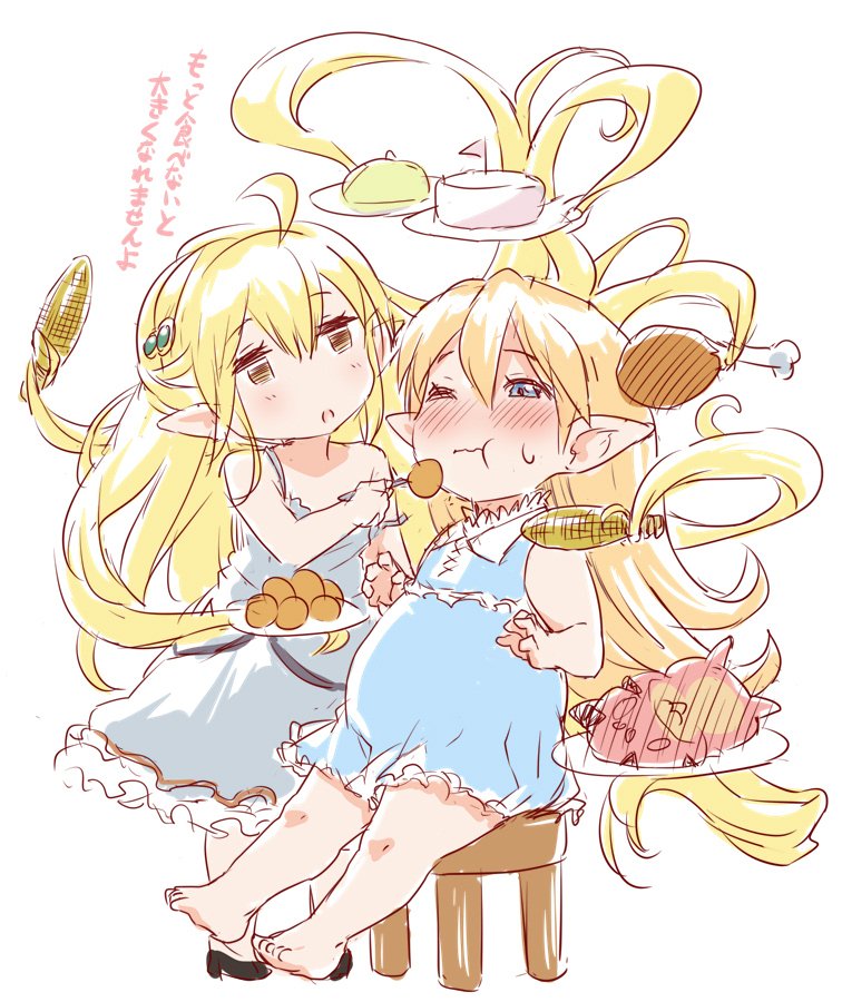 barefoot big_belly blonde_hair blush charlotta_fenia dress eating feeding granblue_fantasy hair_ornament holding long_hair looking_at_another melissabelle messy_hair multiple_girls one_eye_closed open_mouth pointy_ears simple_background sitting stool translation_request vee_(granblue_fantasy) very_long_hair wavy_hair weight_gain white_background zanzi