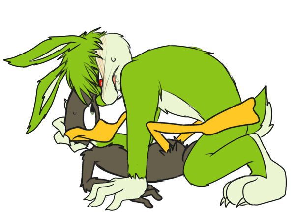 &lt;3 &lt;3_eyes all_fours anthro avian big_dom_small_sub bird blush bugs_bunny claws daffy_duck drooling duck eye_contact feathers fur hair hand_on_head lagomorph looney_tunes lying male male/male mammal on_back rabbit saliva simple_background size_difference spreading sweat warner_brothers zehn