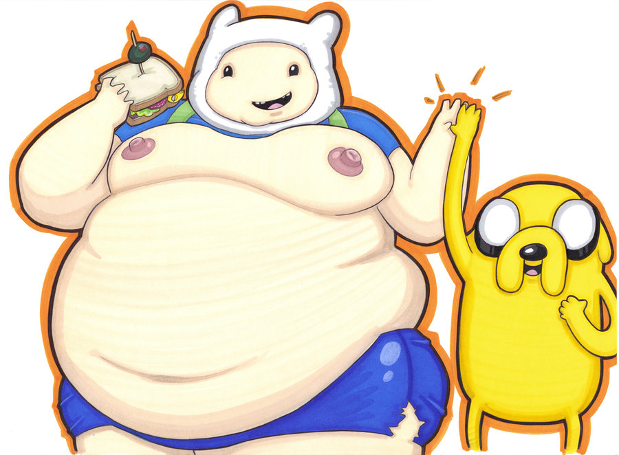 2010 adventure_time backpack belly canine cartoon_network clothing dog finn_the_human human jake_the_dog male mammal moobs overweight overweight_male prisonsuit-rabbitman sandwich_(disambiguation) torn_clothing