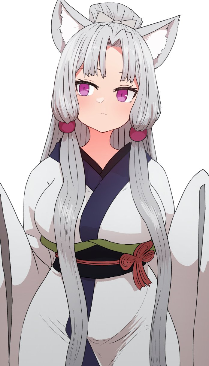1girl animal_ears bangs blush bow breasts closed_mouth commentary grey_bow grey_hair grey_kimono hair_bow highres japanese_clothes kimono large_breasts long_hair long_sleeves obi parted_bangs ponytail purple_eyes sash simple_background sleeves_past_fingers sleeves_past_wrists solo standing sumiyao_(amam) touhoku_itako very_long_hair voiceroid white_background wide_sleeves