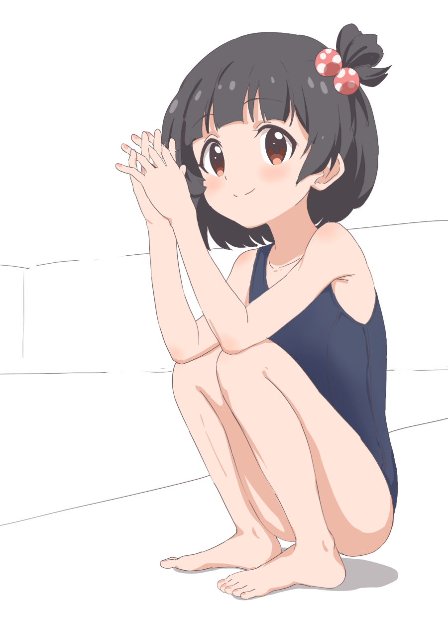 1girl arms_up bangs bare_arms bare_legs bare_shoulders barefoot blue_swimsuit blush brown_eyes brown_hair closed_mouth collarbone commentary_request eyebrows_visible_through_hair fingernails hair_bobbles hair_ornament highres idolmaster idolmaster_million_live! interlocked_fingers nakatani_iku one-piece_swimsuit one_side_up own_hands_together school_swimsuit smile solo squatting swimsuit thighs trg-_(sain)
