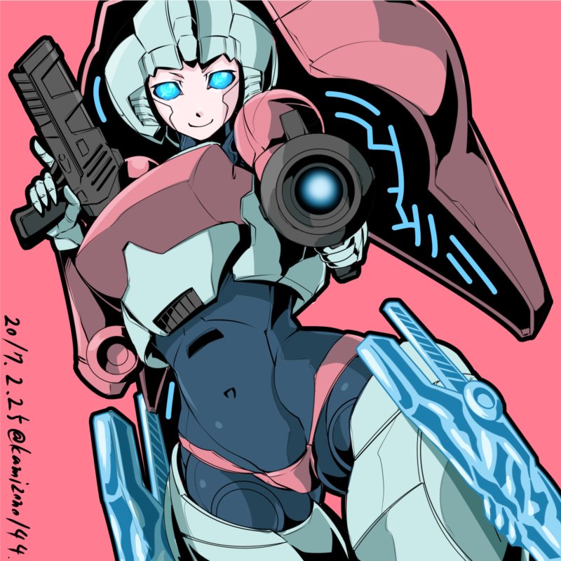 arcee armor autobot blue_eyes breasts commentary_request glowing glowing_eyes glowing_sword glowing_weapon gun handgun holding holding_weapon kamizono_(spookyhouse) large_breasts looking_at_viewer machinery mecha no_humans pink_background robot smile solo sword transformers twitter_username weapon weapon_in_garters