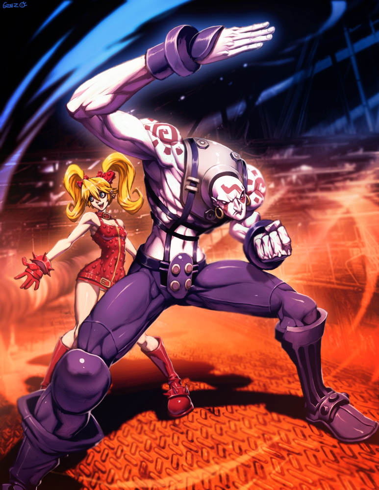 1girl albino bald blonde_hair boots couple earrings effie fighting_stance genzoman height_difference hetero jewelry muscle necro_(street_fighter) street_fighter street_fighter_iii_(series) tattoo twintails wide_hips