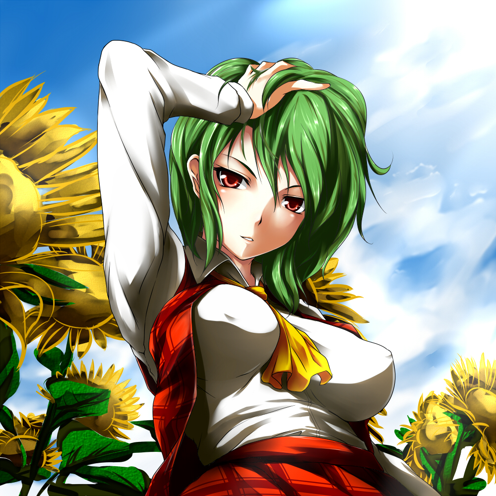 arm_up ascot bad_id bad_pixiv_id between_breasts breasts copycat_(dryfood) covered_nipples day derivative_work flower green_hair hand_on_own_head impossible_clothes impossible_shirt kazami_yuuka large_breasts nature plaid plaid_skirt plaid_vest red_eyes shirt short_hair skirt skirt_set solo sunflower touhou upper_body vest