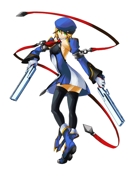 arched_back beret black_legwear blazblue blazblue:_continuum_shift blonde_hair blue_footwear bolverk boots dress dual_wielding fighting_stance flat_chest from_behind full_body gloves green_eyes gun handgun hat holding katou_yuuki looking_back necktie noel_vermillion official_art ribbon short_dress short_hair simple_background solo standing thighhighs weapon