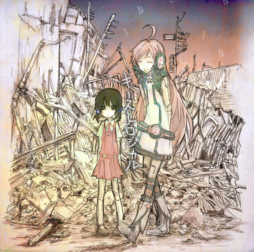 :d ^_^ ahoge bad_id bad_pixiv_id black_eyes black_hair boots child closed_eyes dress empty_eyes expressionless hair_ornament headphones height_difference kaai_yuki keystlogical_(vocaloid) lamppost long_hair low_twintails multiple_girls number open_mouth outdoors red_hair rubble ruins sf-a2_miki short_twintails smile tankobu telephone_pole twintails vocaloid