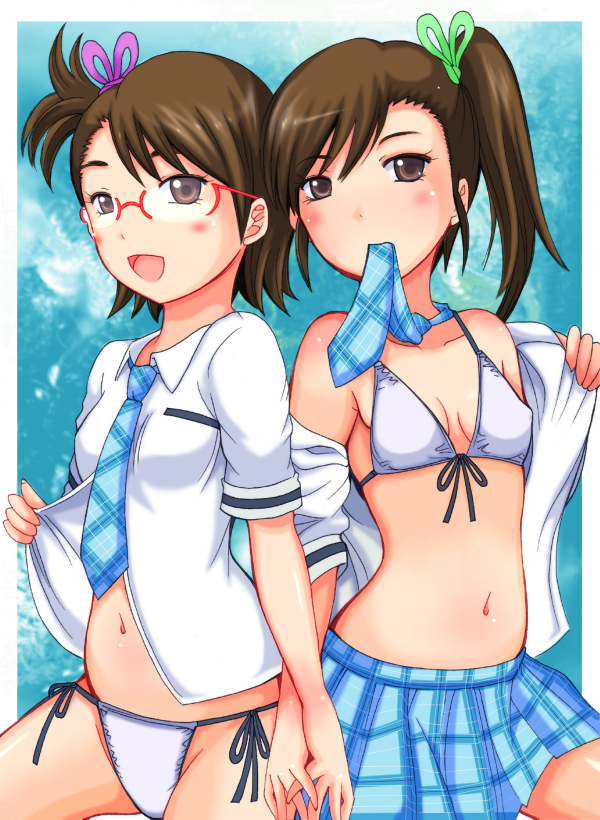 bikini bikini_under_clothes brown_eyes brown_hair front-tie_top futami_ami futami_mami glasses idolmaster idolmaster_(classic) idolmaster_2 midriff mouth_hold multiple_girls navel necktie open_clothes open_shirt rough_time_school school_uniform shiina_you_(tomoshibi) shirt short_hair siblings side-tie_bikini side_ponytail swimsuit swimsuit_under_clothes twins undressing