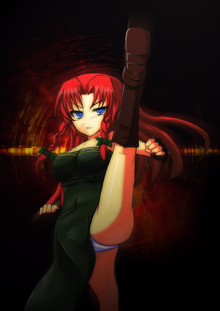 bad_id bad_pixiv_id bare_shoulders blue_eyes boots bow braid breasts cleavage doyouwantto dress fingerless_gloves gloves hair_bow high_kick hong_meiling kicking large_breasts long_hair panties pantyshot red_hair side_slit solo touhou twin_braids underwear