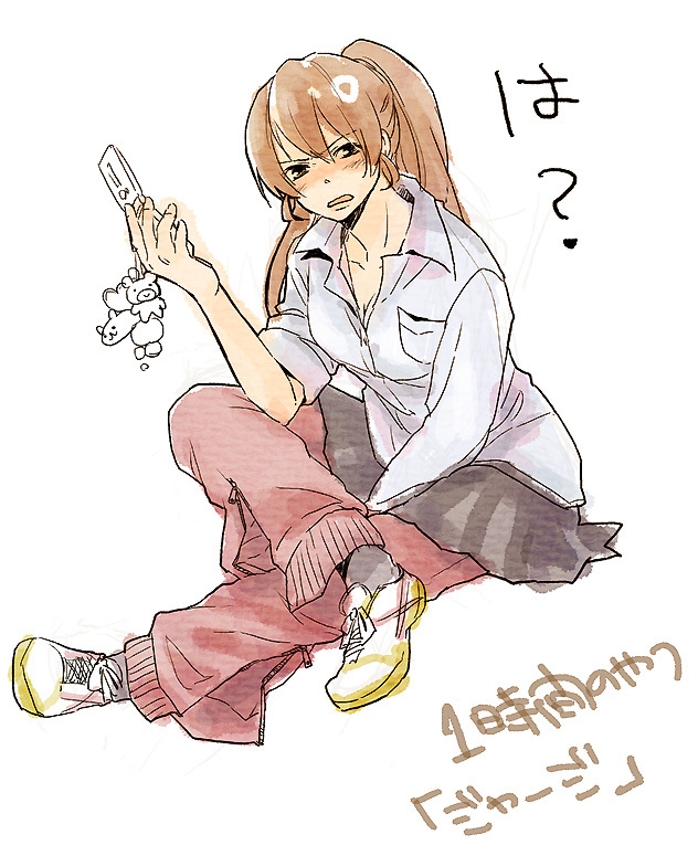 brown_eyes brown_hair cellphone cellphone_charm copyright_request dress_shirt keychain nogoodlife pants pants_under_skirt phone ponytail school_uniform shirt shoes sitting skirt sneakers solo track_pants