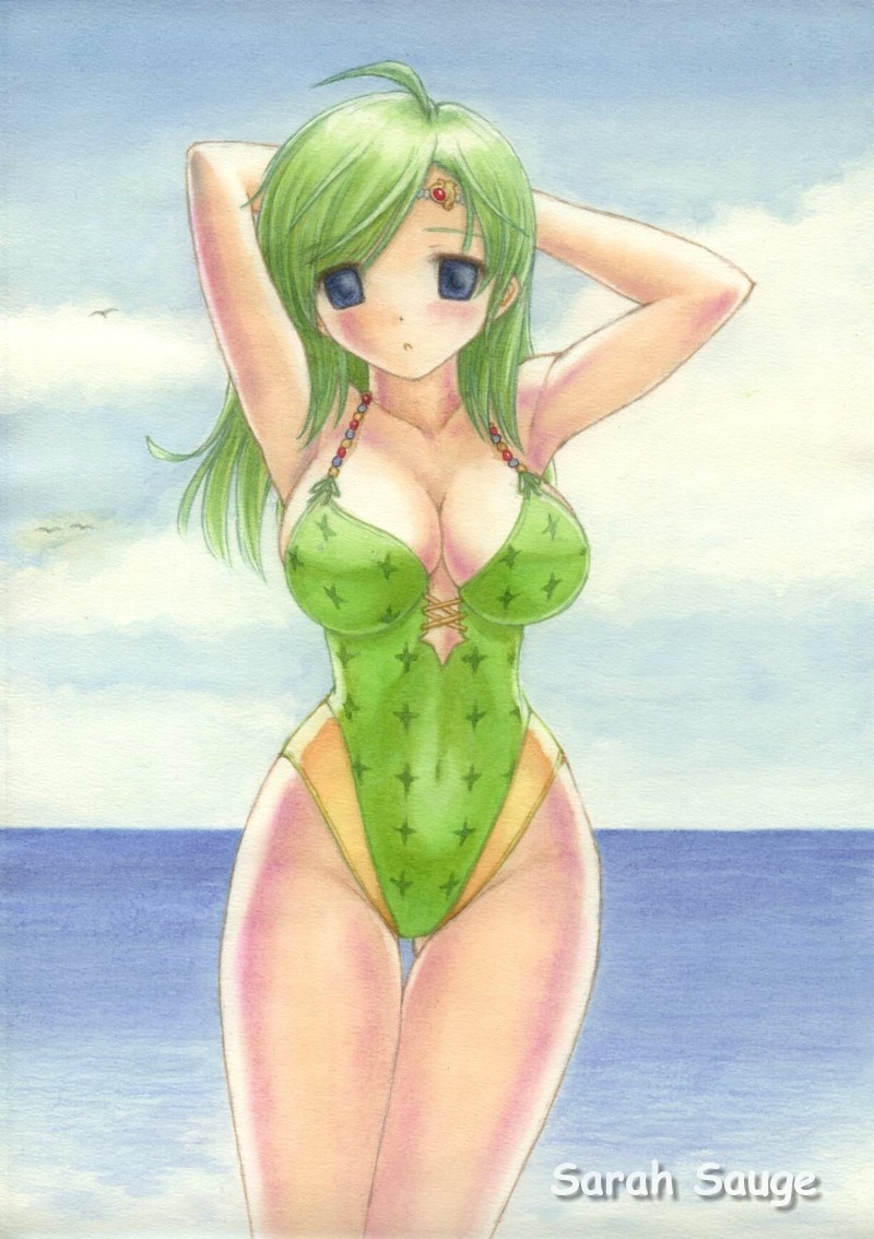 armpits arms_behind_head bad_id bad_pixiv_id banned_artist beach blue_eyes breasts casual_one-piece_swimsuit cleavage cloud day final_fantasy final_fantasy_iv green_hair large_breasts ocean older one-piece_swimsuit outdoors rydia sarah_sauge solo swimsuit thigh_gap traditional_media wide_hips