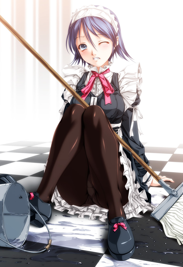 accident bad_id bad_pixiv_id blue_eyes blue_hair bucket checkered checkered_floor crotch long_legs maid mop original panties panties_under_pantyhose pantyhose pantyshot pantyshot_(sitting) perspective rezi short_hair sitting solo spill underwear water wince