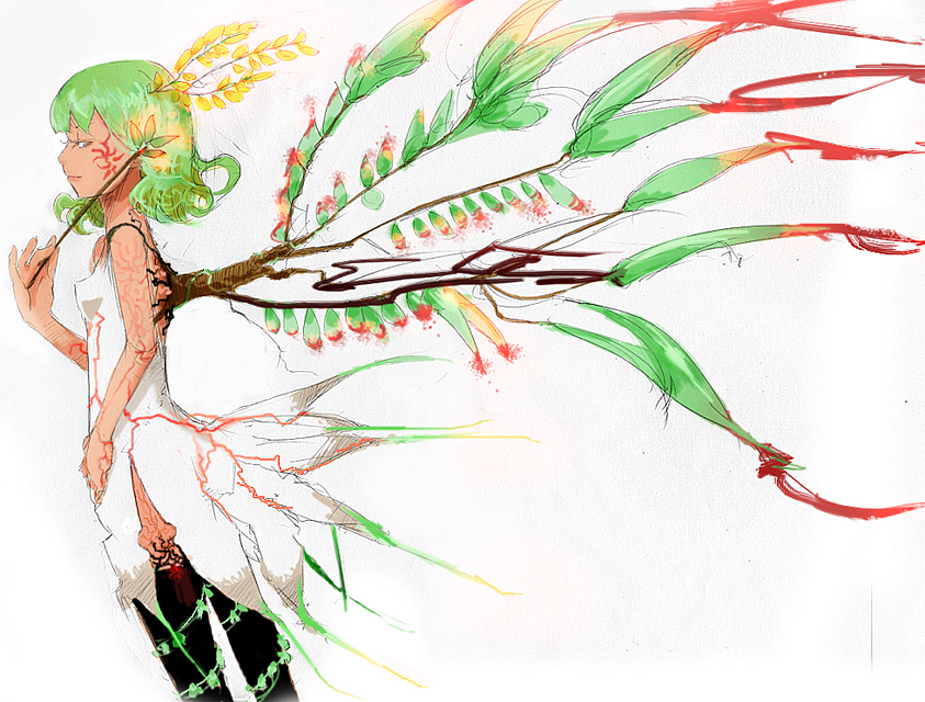 green_hair leaf m-hit original personification plant_girl short_hair solo veins wand wings