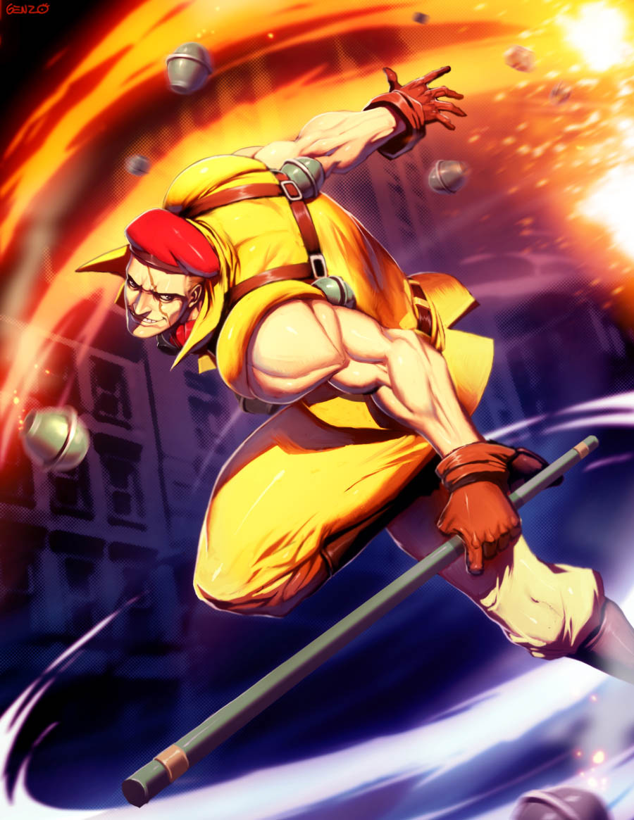beret explosive final_fight genzoman grenade grin hat male_focus military muscle rolento scar smile solo stick street_fighter street_fighter_zero_(series)
