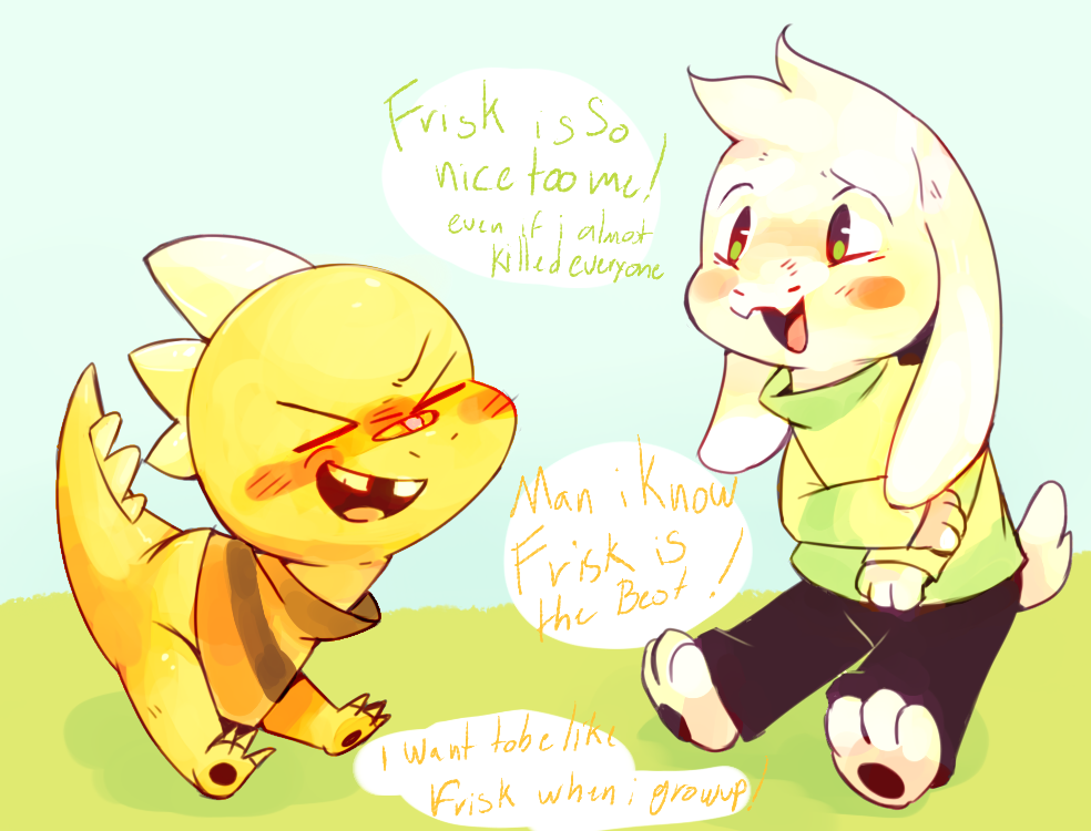 2016 anthro armless asriel_dreemurr barefoot blush boss_monster bottomless caprine child clothed clothing dialogue duo english_text eys_closed fangs fur goat lizard long_ears male mammal missing_tooth monster_kid_(undertale) open_mouth pkbunny reptile scalie sitting smile speech_bubble stripes text undertale video_games white_fur young