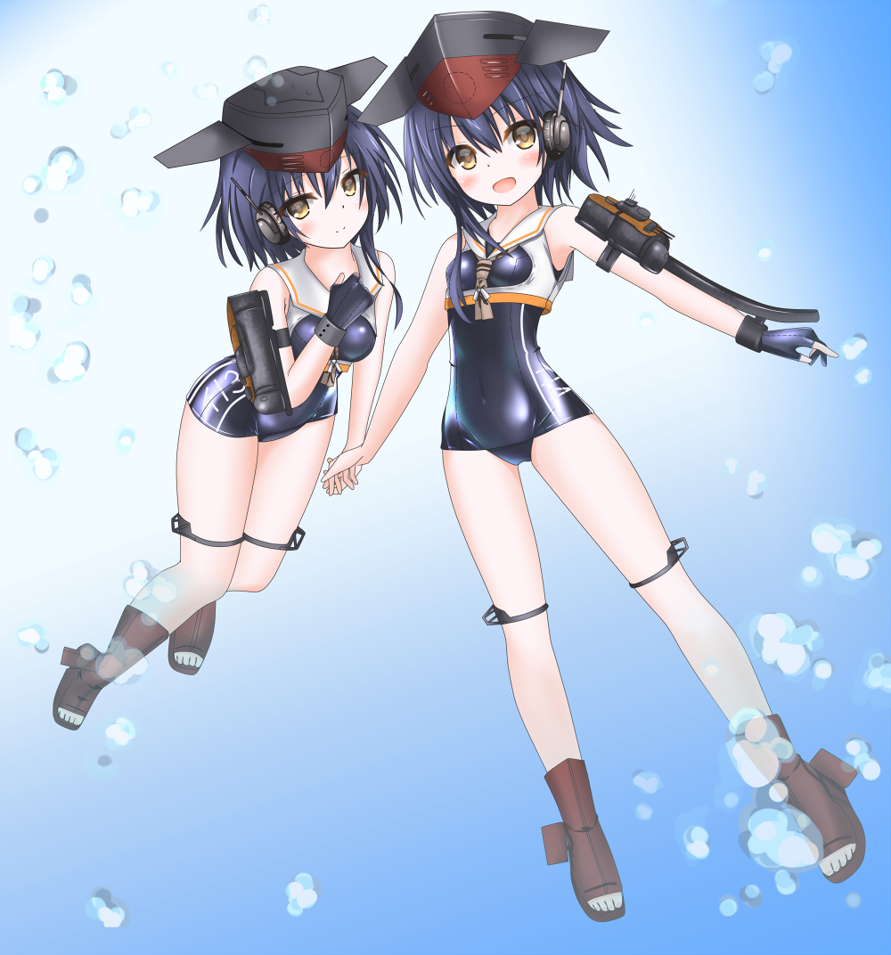 asymmetrical_hair black_hair boots breasts brown_eyes catapult full_body gloves hair_between_eyes hat headphones high_heel_boots high_heels i-13_(kantai_collection) i-14_(kantai_collection) kantai_collection langley1000 multiple_girls open_mouth partly_fingerless_gloves sailor_collar school_swimsuit shirt short_hair small_breasts swimsuit tsurime