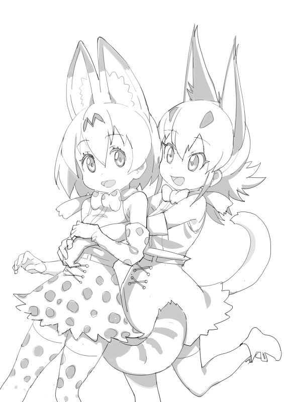 :d animal_ears ankle_boots armpit_peek bare_shoulders boots bow bowtie caracal_(kemono_friends) caracal_ears caracal_tail commentary_request cross-laced_clothes dot_nose elbow_gloves eyebrows_visible_through_hair eyelashes gloves greyscale hair_between_eyes hands_together hug hug_from_behind jpeg_artifacts kanemaru_(knmr_fd) kemono_friends leg_up looking_at_another looking_at_viewer monochrome multiple_girls official_art open_mouth ribbon serval_(kemono_friends) serval_ears serval_print serval_tail shirt shoe_ribbon short_hair simple_background sketch skirt sleeveless sleeveless_shirt smile socks striped_tail tail tareme thighhighs tsurime white_background zettai_ryouiki